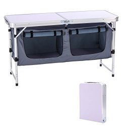 CampLand Outdoor Folding Table Aluminum Lightweight Height Adjustable with Storage Organizer for ...