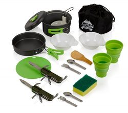 Mess Kit (14 Pcs) for Camping w/ Cookware Set Plus 2 Utensil Sets, 2 Silicone Cups, Cutting Mat  ...