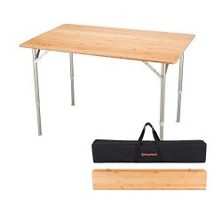 KingCamp 4-Fold Heavy Duty Adjustable Height Aluminum Frame Folding Bamboo Table with Carry Bag