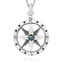 925 Sterling Silver Follow Your Dream Compass Abalone Shell Pendant Necklace 18″ for Woman ...