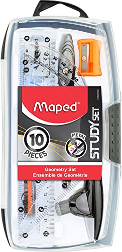 Maped Study Geometry 10 Piece Set, includes: 2 Metal Study Compasses, 2 Triangles (45° & 30° ...